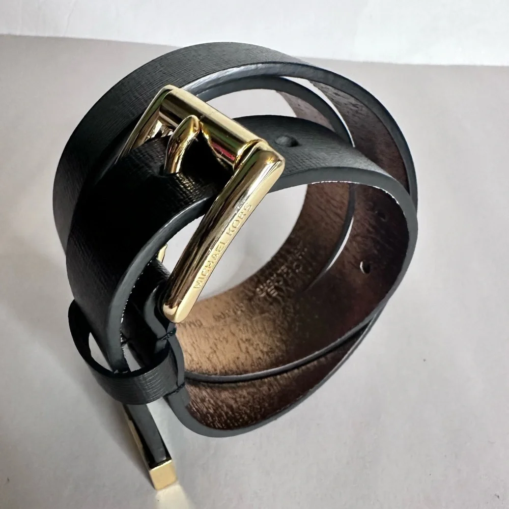 MICHAEL Michael Kors Black & Gold Buckle & metallic gold inner Leather Belt - Picture 3 of 7